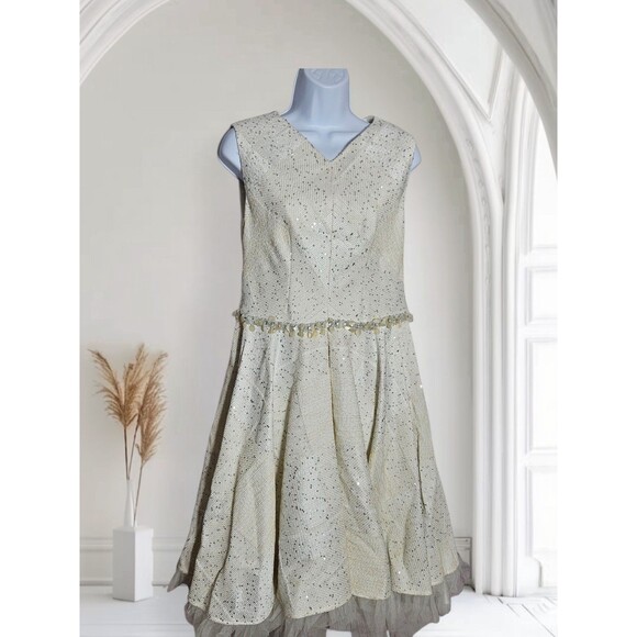 Talbot Runhof Womens 10 40 Cream Embellished Mesh Flared Sleeveless Midi Dress - Picture 1 of 8